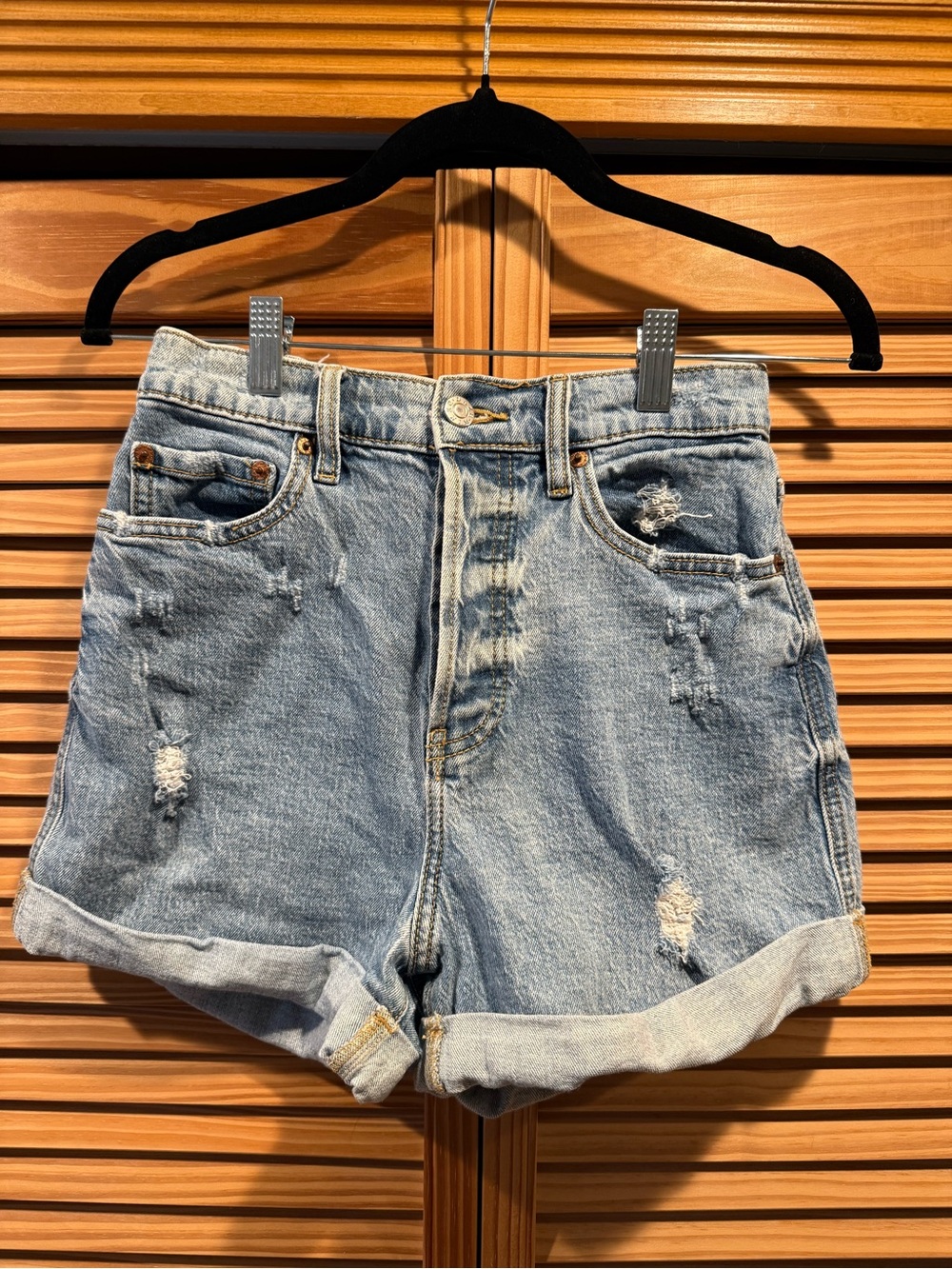 High-Rise Light Blue Distressed Denim Jean Shorts
